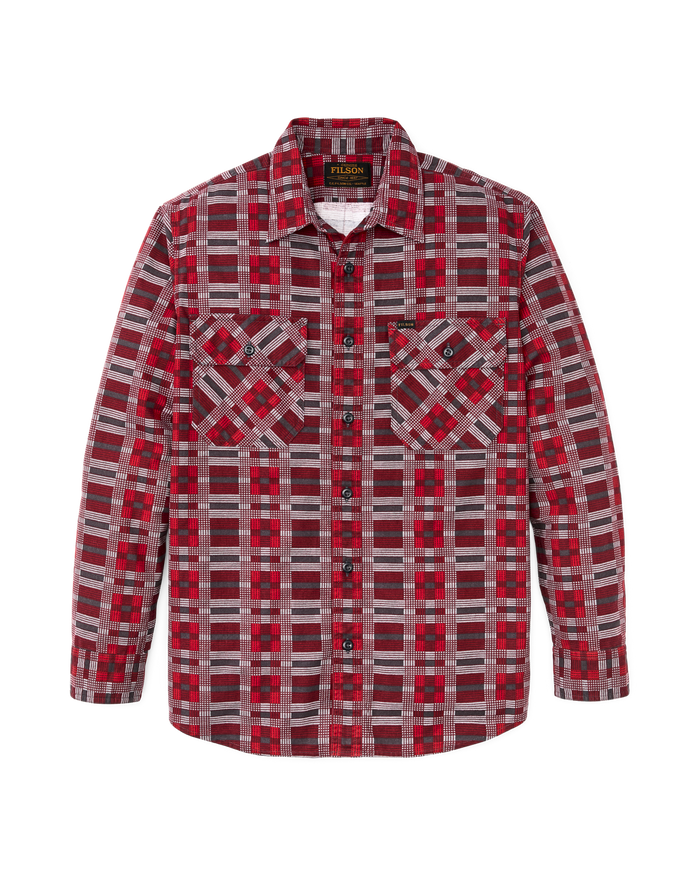 Men's long-sleeve plaid flannel shirt with two chest pockets, front view