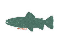 Fish-shaped sticker with green swirl pattern and red text below