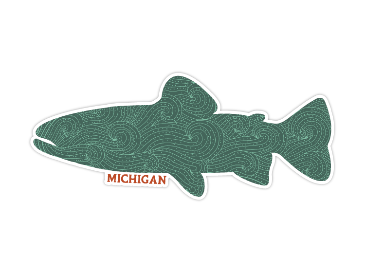 Fish-shaped sticker with green swirl pattern and red text below