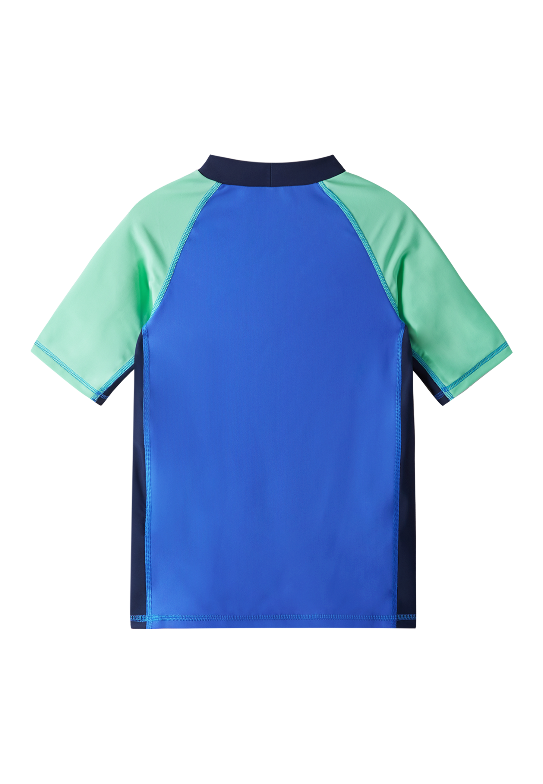 Short-sleeve swim shirt with blue body, mint green sleeves, and navy collar, back view