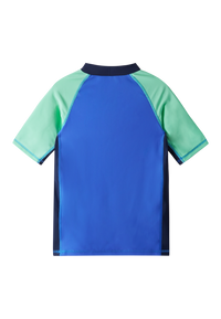 Short-sleeve swim shirt with blue body, mint green sleeves, and navy collar, back view