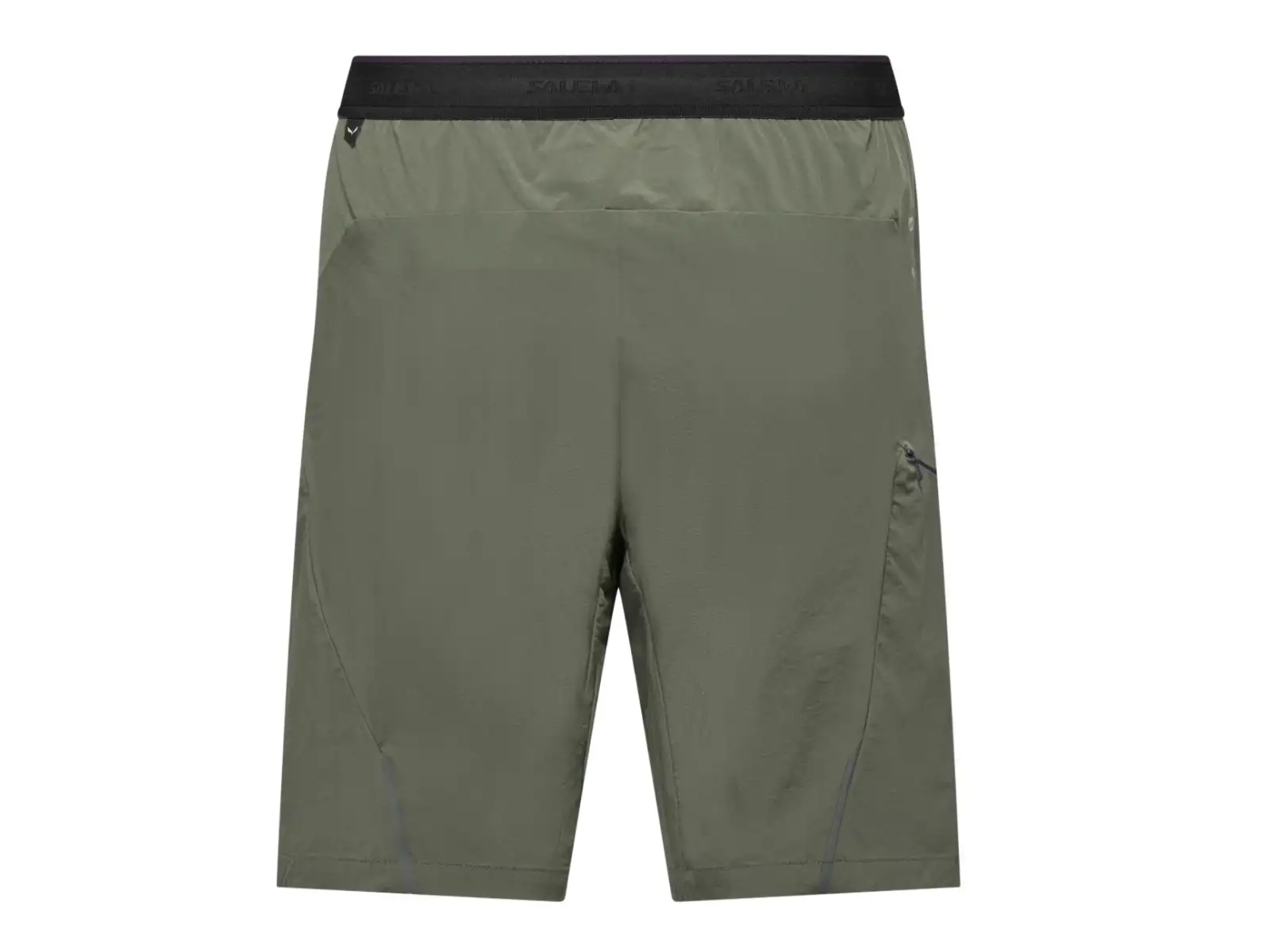 Men's athletic shorts in olive green, back view, elastic waistband with logo, zippered side pocket