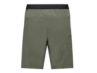 Men's athletic shorts in olive green, back view, elastic waistband with logo, zippered side pocket