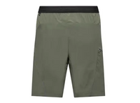 Men's cargo shorts in olive green with black elastic waistband, rear view showing side pocket