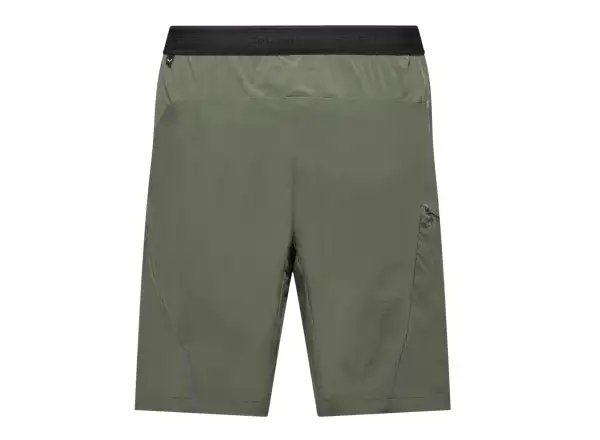 Men's cargo shorts in olive green with black elastic waistband, rear view showing side pocket