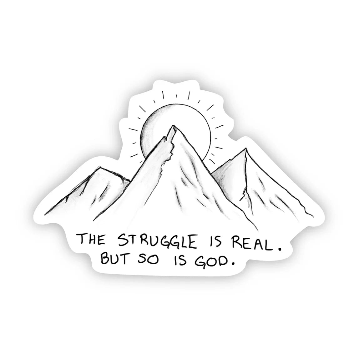 White die-cut sticker featuring mountain illustration with sun and inspirational text below