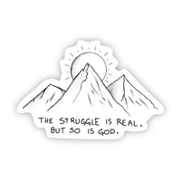 White die-cut sticker featuring mountain illustration with sun and inspirational text below