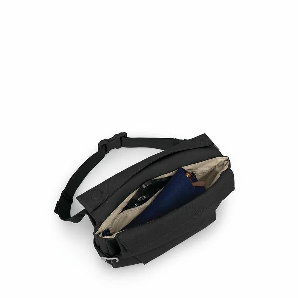 Black hip bag open top view showing beige interior lining and adjustable waist strap