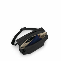 Black hip bag open top view showing beige interior lining and adjustable waist strap