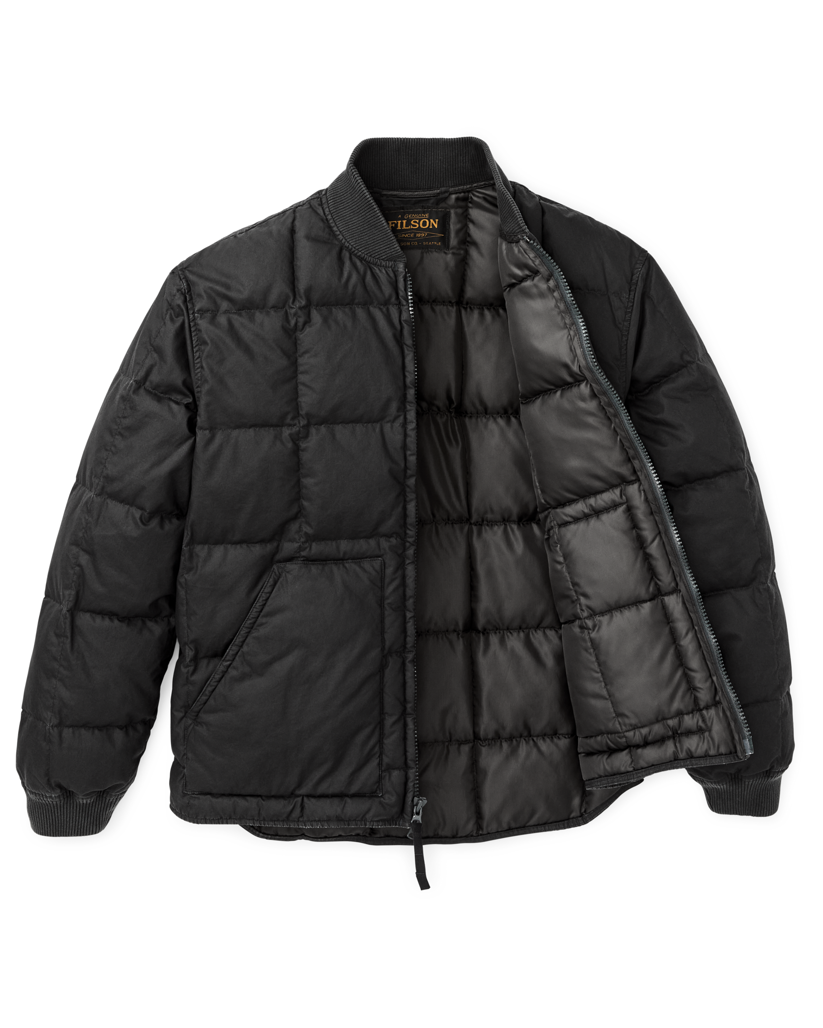 Black quilted down bomber jacket with ribbed collar and cuffs, partially unzipped front view