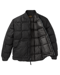 Black quilted down bomber jacket with ribbed collar and cuffs, partially unzipped front view