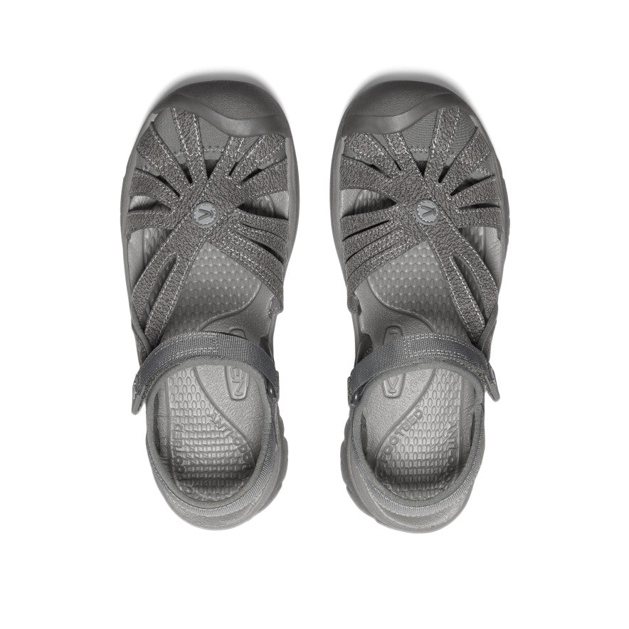Gray sport sandals with adjustable straps and textured soles, top-down view showing both feet
