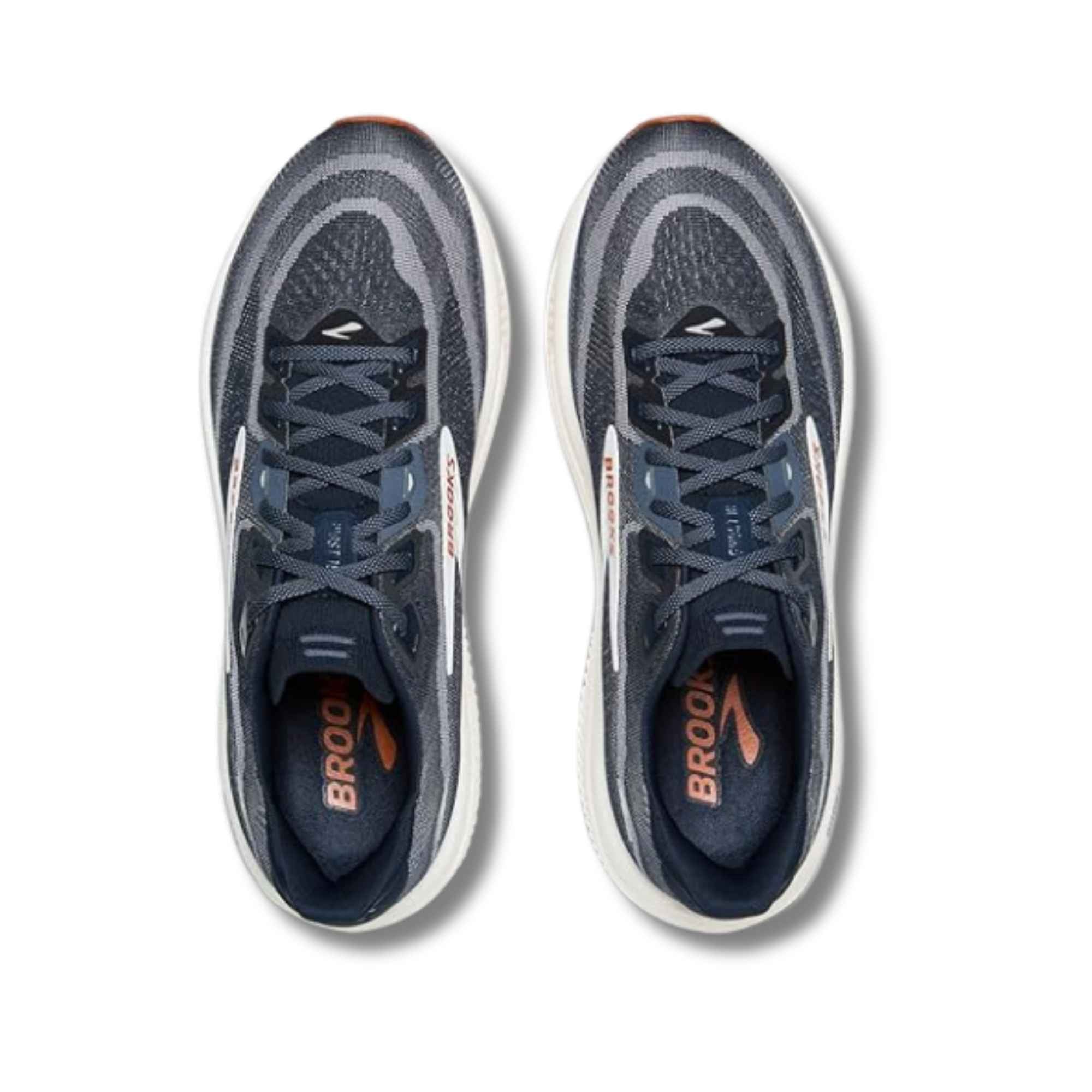 Navy blue running shoes with gray gradient mesh upper, top-down view showing lacing system