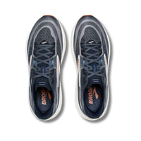 Navy blue running shoes with gray gradient mesh upper, top-down view showing lacing system