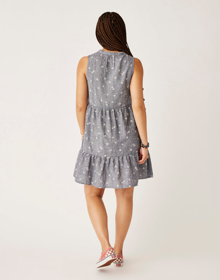 Gray sleeveless tiered dress with small white floral print, shown from back view
