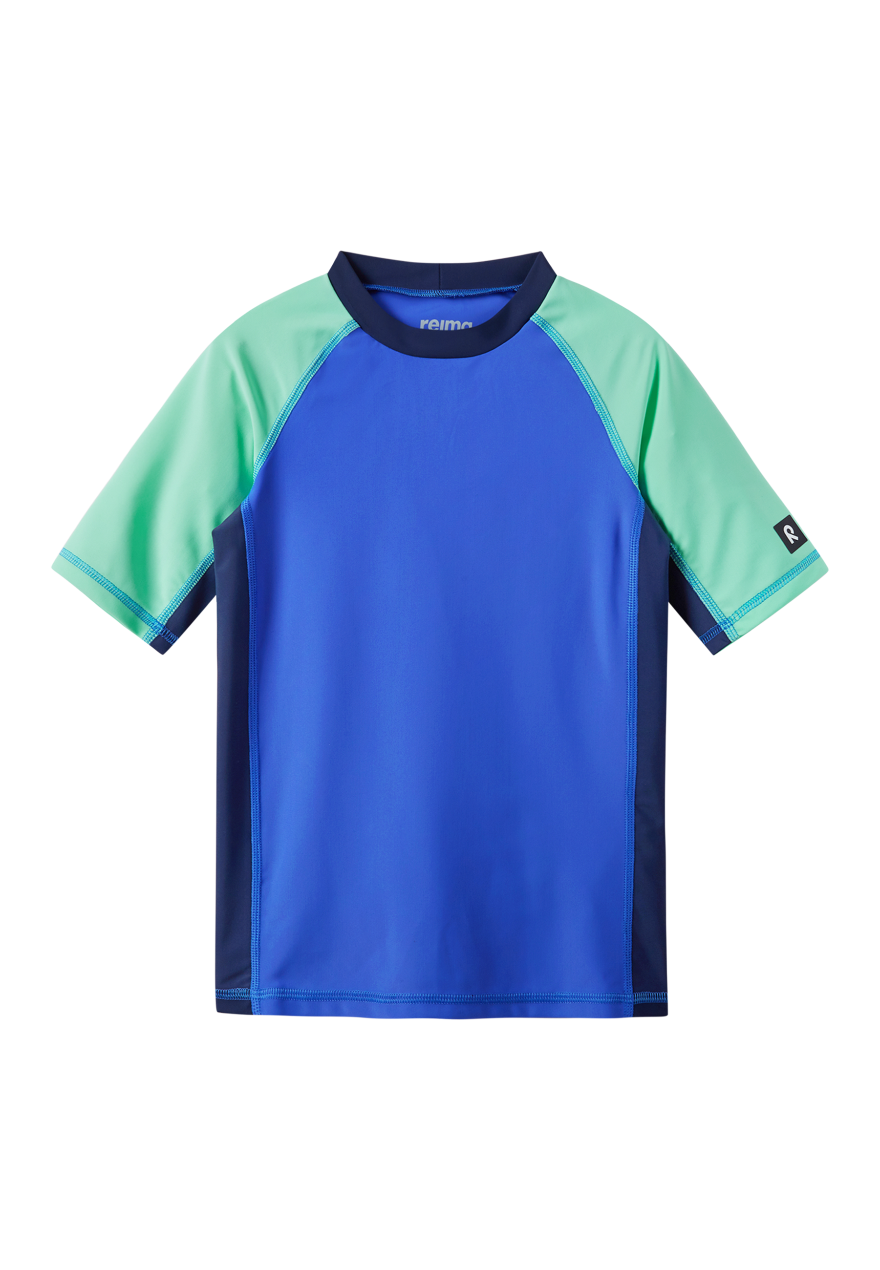 Blue and mint green short sleeve swim shirt with navy collar trim