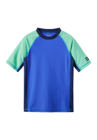 Blue and mint green short sleeve swim shirt with navy collar trim