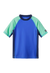 Blue and mint green short sleeve swim shirt with navy collar trim