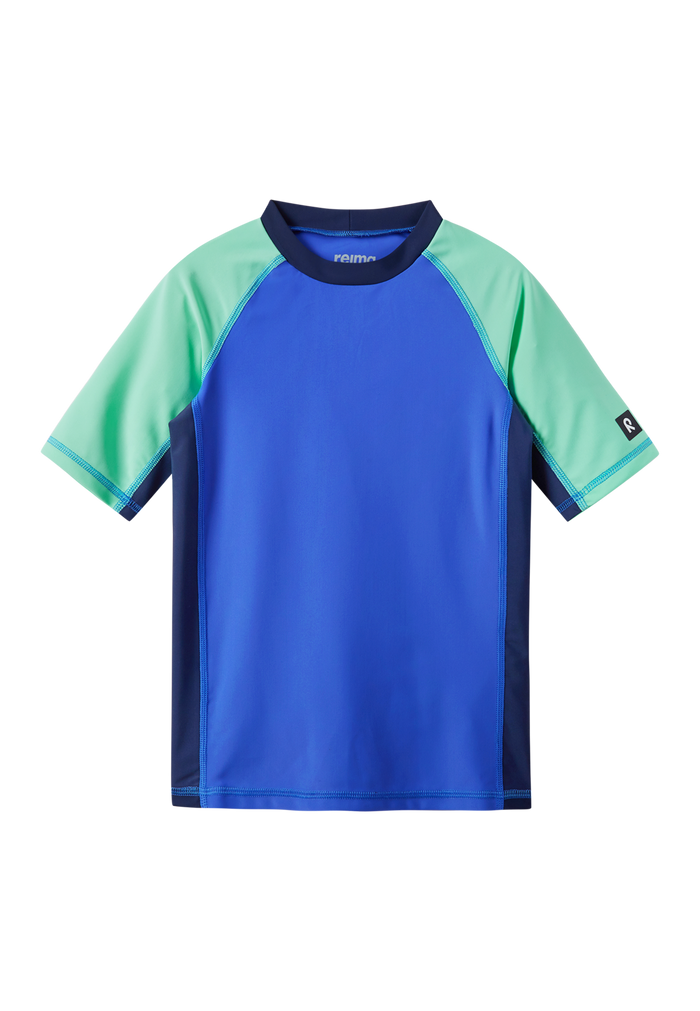 Blue and mint green short sleeve swim shirt with navy collar trim