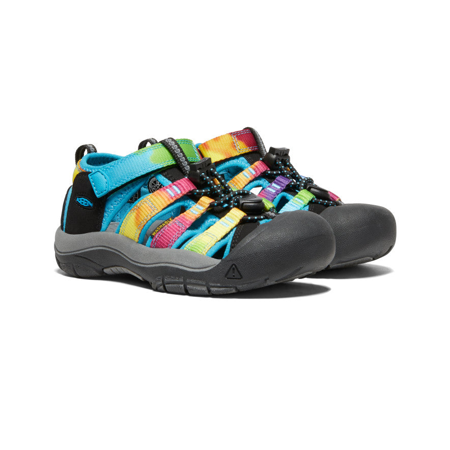 Multicolored striped water sandals with black toe protection and adjustable straps, side angle view