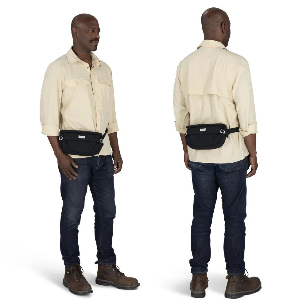 Black hip bag worn around waist, shown from front and back on male model