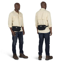 Black hip bag worn around waist, shown from front and back on male model