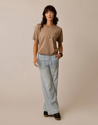 Women's short-sleeve knit sweater tee in warm brown, crew neck, relaxed fit, front view