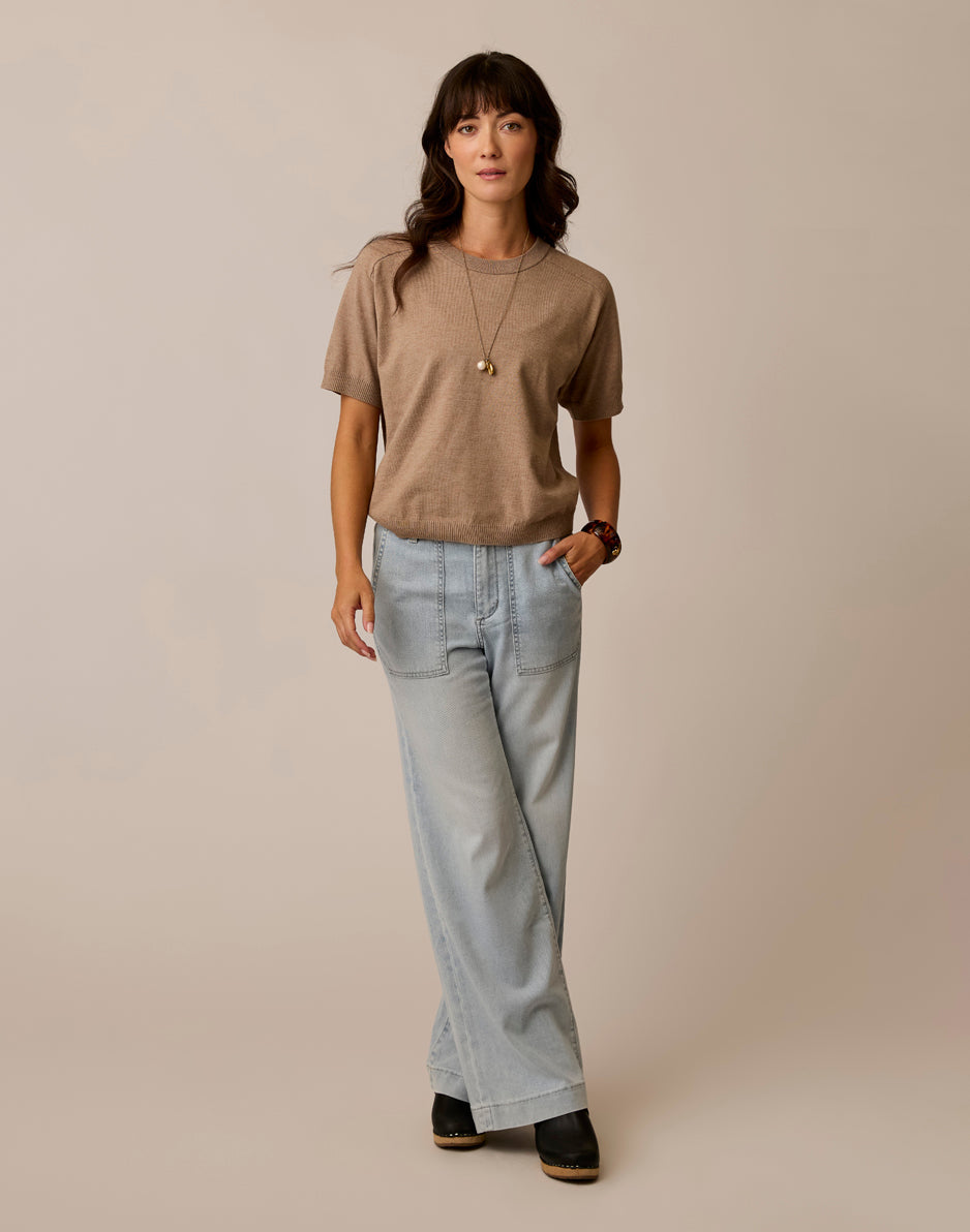 Women's short-sleeve knit sweater tee in warm brown, crew neck, relaxed fit, front view