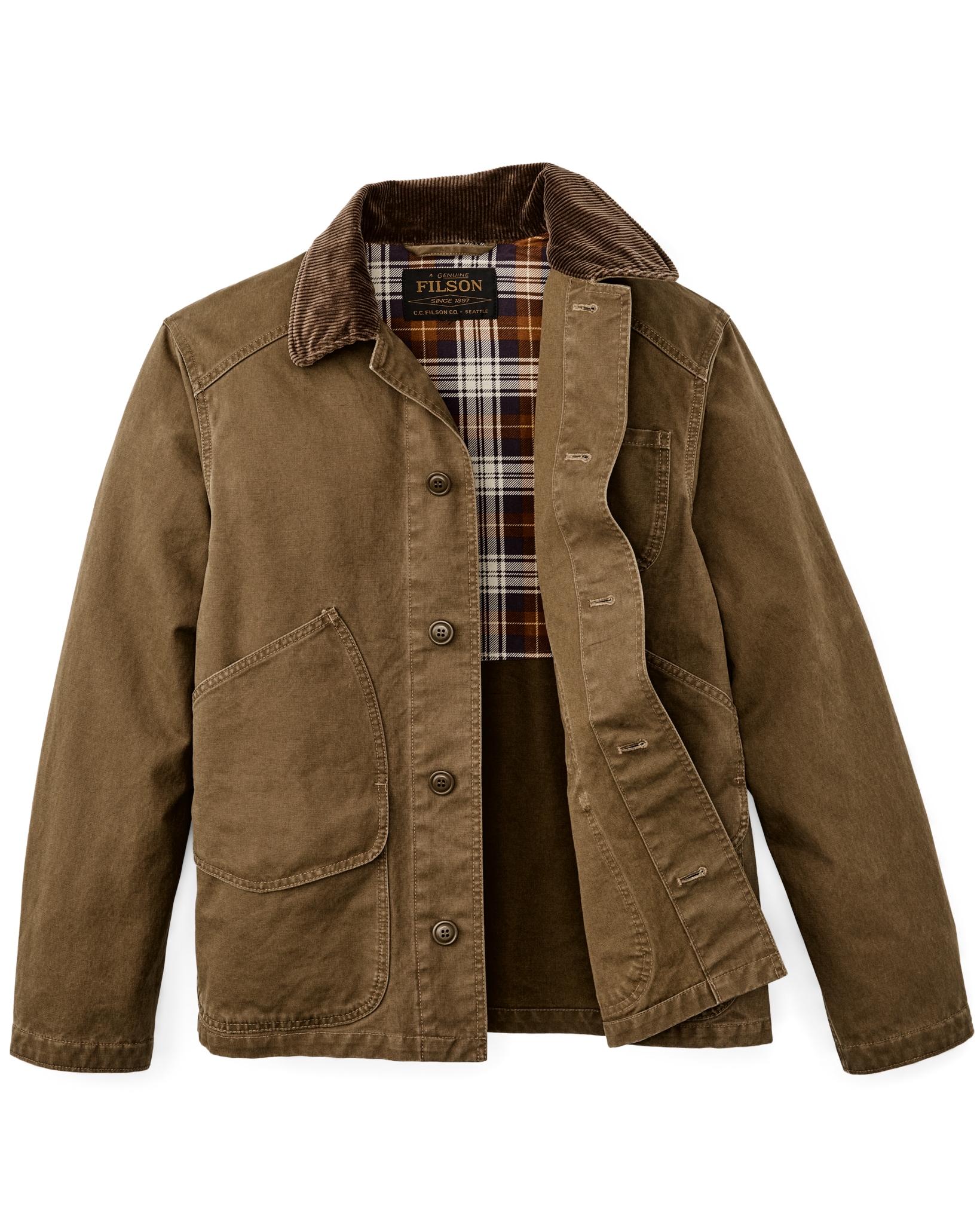 Men's canvas chore jacket in tan, open front showing plaid lining and corduroy collar
