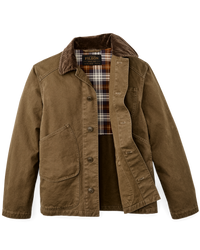 Men's canvas chore jacket in tan, open front showing plaid lining and corduroy collar