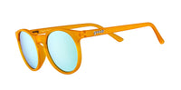 Orange framed sunglasses with light blue mirrored lenses shown at three-quarter angle