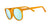 Orange framed sunglasses with light blue mirrored lenses shown at three-quarter angle
