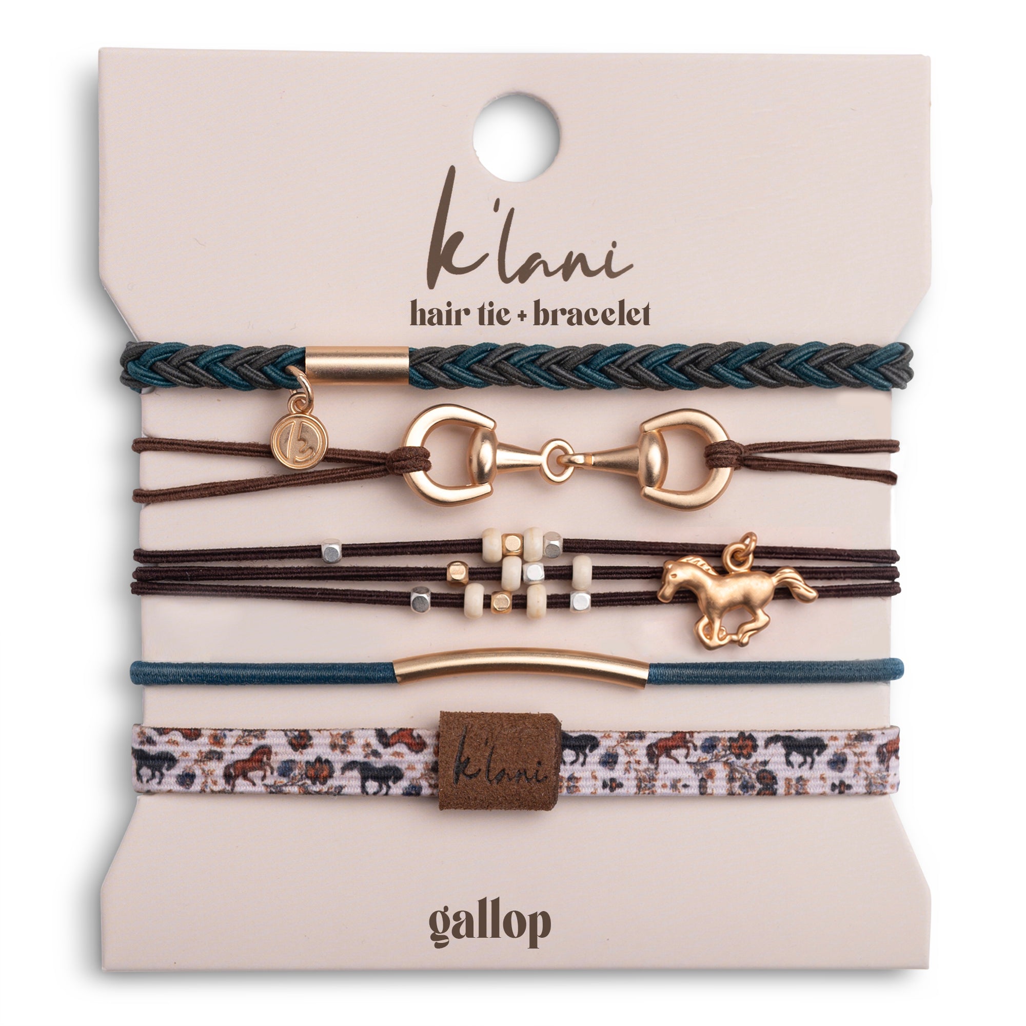 Set of five stackable hair tie bracelets with horse charms, snaffle bit pendant, and equestrian print band