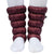 Puffy quilted leg gaiters in deep wine color, shown from front on legs with white socks