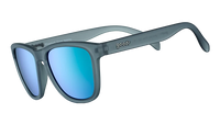 Gray translucent sunglasses with blue mirrored lenses shown at three-quarter angle