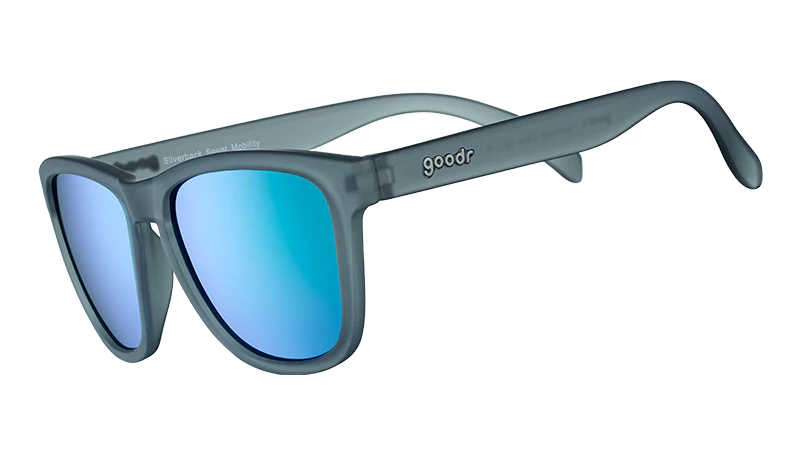 Gray translucent sunglasses with blue mirrored lenses shown at three-quarter angle