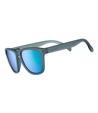 Gray translucent sunglasses with blue mirrored lenses shown at three-quarter angle