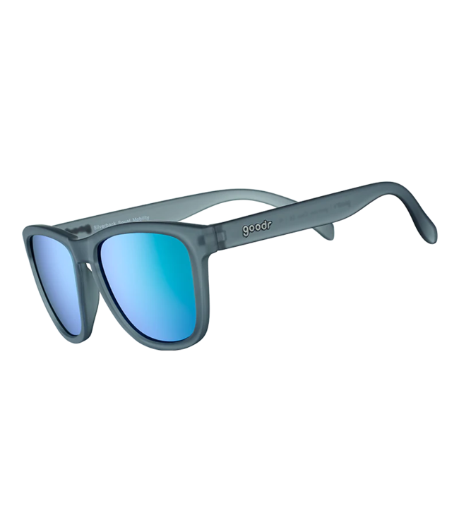 Gray translucent sunglasses with blue mirrored lenses shown at three-quarter angle