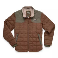 Quilted insulated jacket with full zip, brown body and olive green shoulder panels, front view
