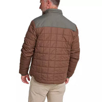 Men's quilted insulated jacket, back view, two-tone brown and olive colorblock design