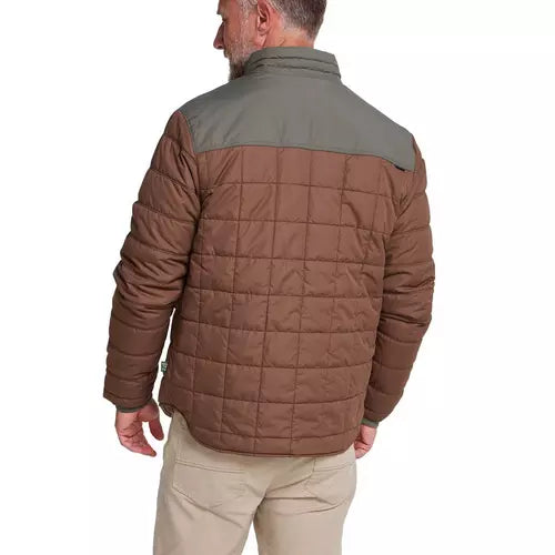 Men's quilted insulated jacket, back view, two-tone brown and olive colorblock design