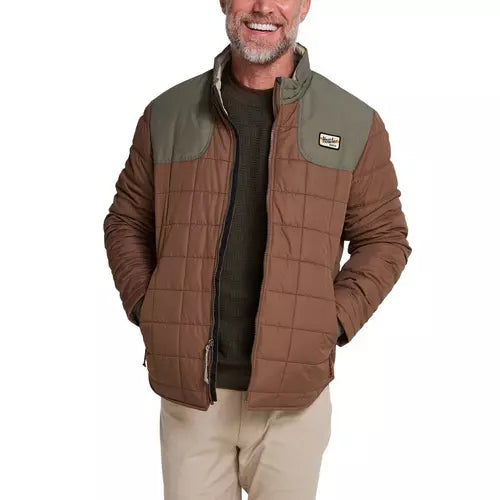Men's quilted puffer jacket with brown body and olive shoulder panels, open front view