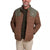 Men's quilted puffer jacket with brown body and olive shoulder panels, open front view