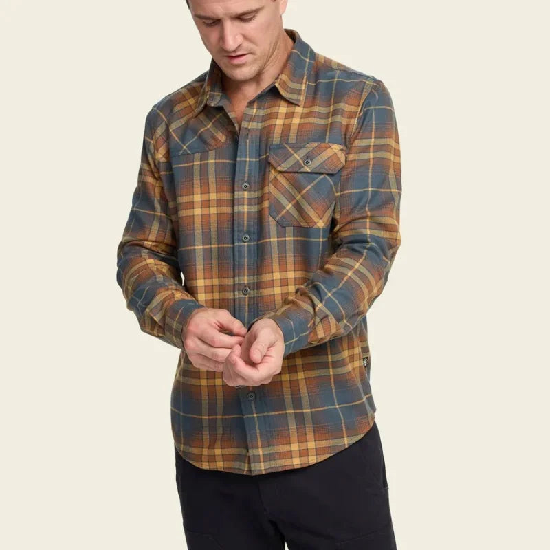 Men's long-sleeve plaid flannel shirt with chest pockets, front view on model