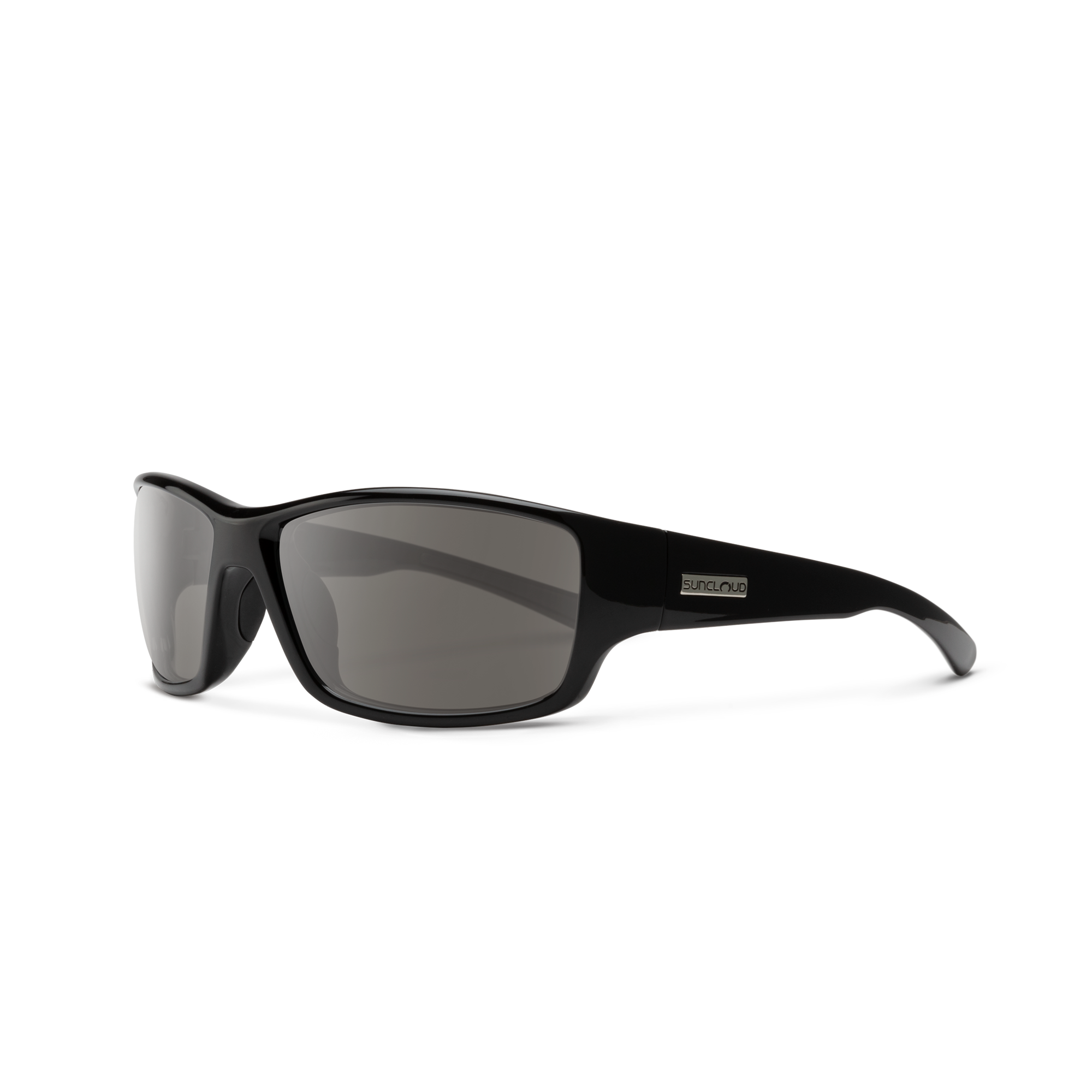 Sport wrap sunglasses with black frame and gray tinted lenses, three-quarter angle view