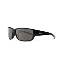 Sport wrap sunglasses with black frame and gray tinted lenses, three-quarter angle view