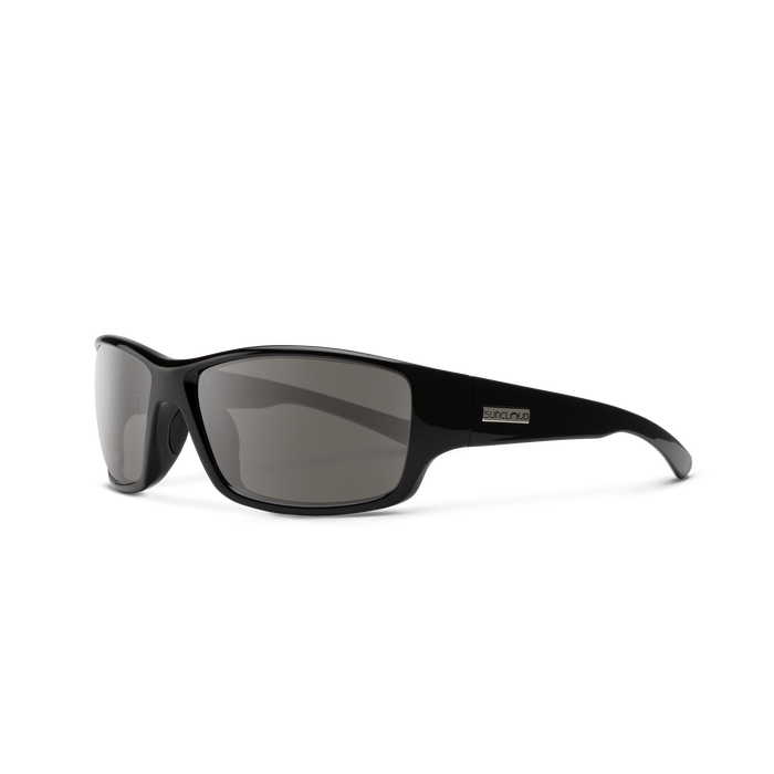 Sport wrap sunglasses with black frame and gray tinted lenses, three-quarter angle view