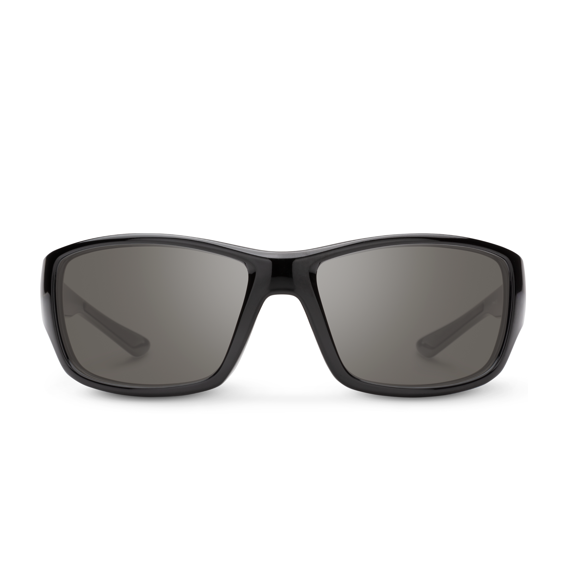 Sport wraparound sunglasses with glossy black frame and dark gray lenses, front view