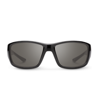 Sport wraparound sunglasses with glossy black frame and dark gray lenses, front view