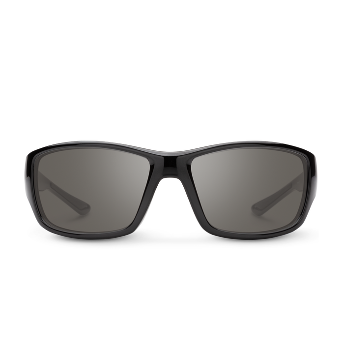Sport wraparound sunglasses with glossy black frame and dark gray lenses, front view